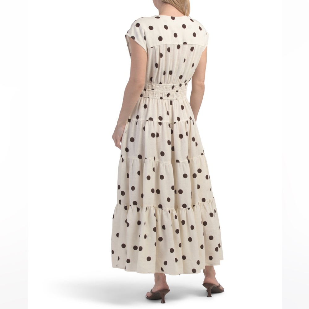 NWT IVORY BROWN LINEN POLKADOT TRIPLE BOW ELASTIC WAIST MAXI DRESS - Picture 2 of 2